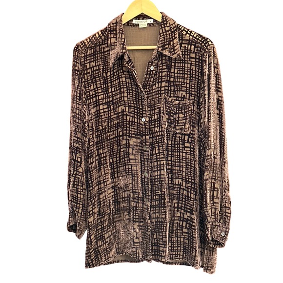 Vintage 90s Votre Nom Velvet Silk Blend Top Abstract Parisian Boho Luxe Button - Picture 1 of 5